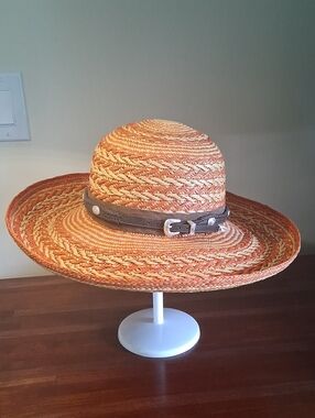 Carol Carr Palmbeach Wide-Brim Western Straw Sun Hat Brown Leather Suede Band